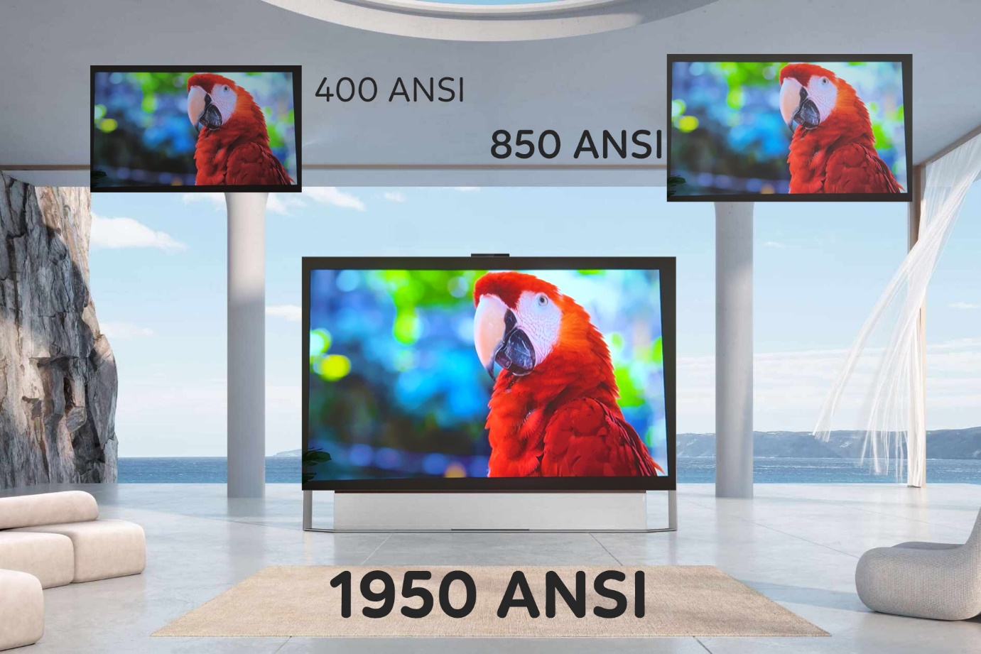 A large television set with a parrot on it Description automatically generated