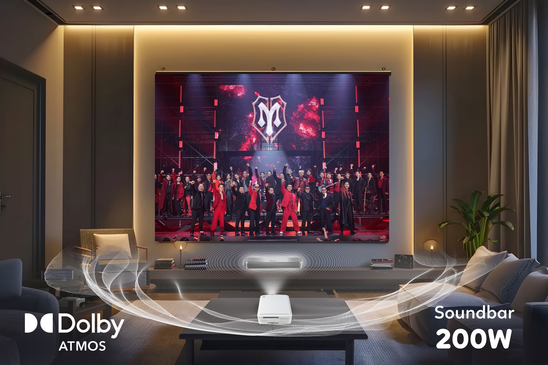 A room with a large screen and a group of people Description automatically generated